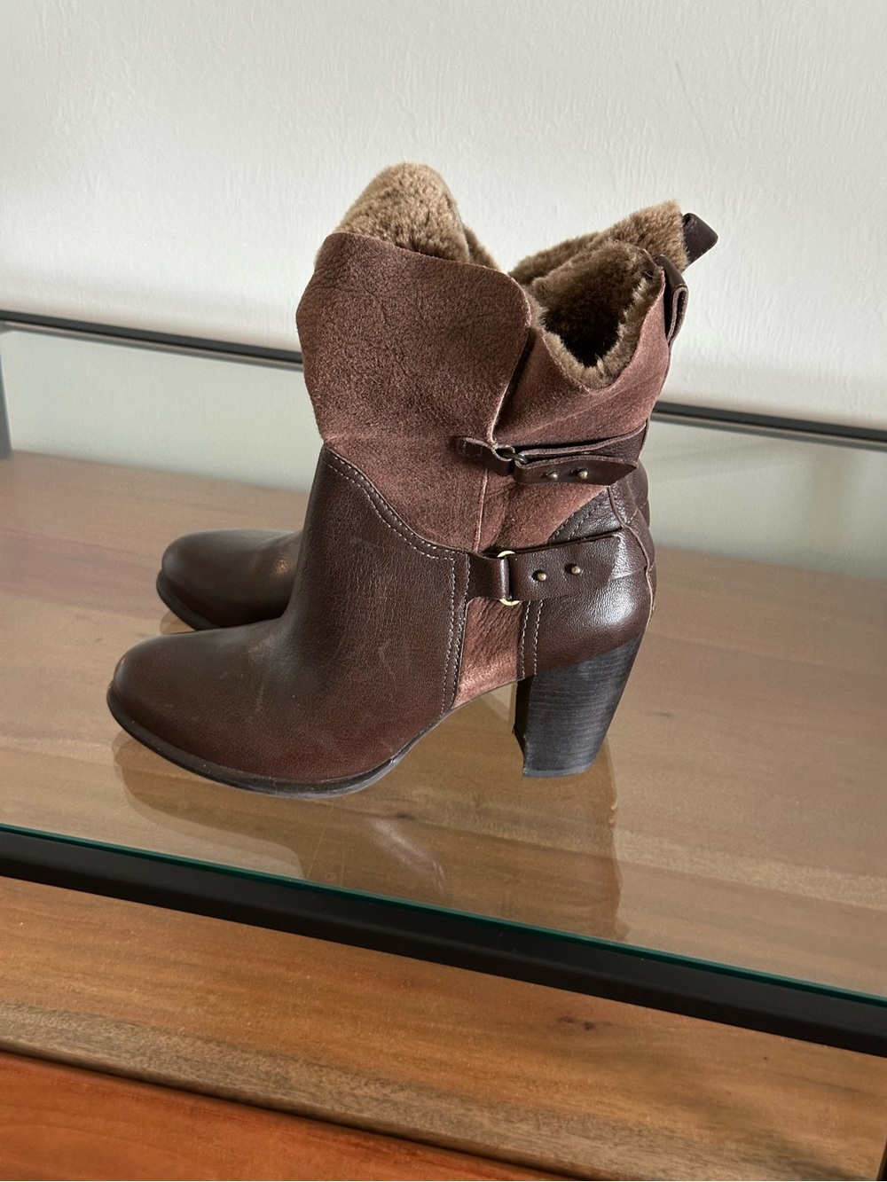 UGG Jayne Chocolate Brown Suede Leather Split Shearling Cuff Buckles Heeled Boot